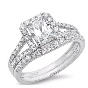 1.6 Ct Emerald Halo 14K Gold Ring Band Bridal Set